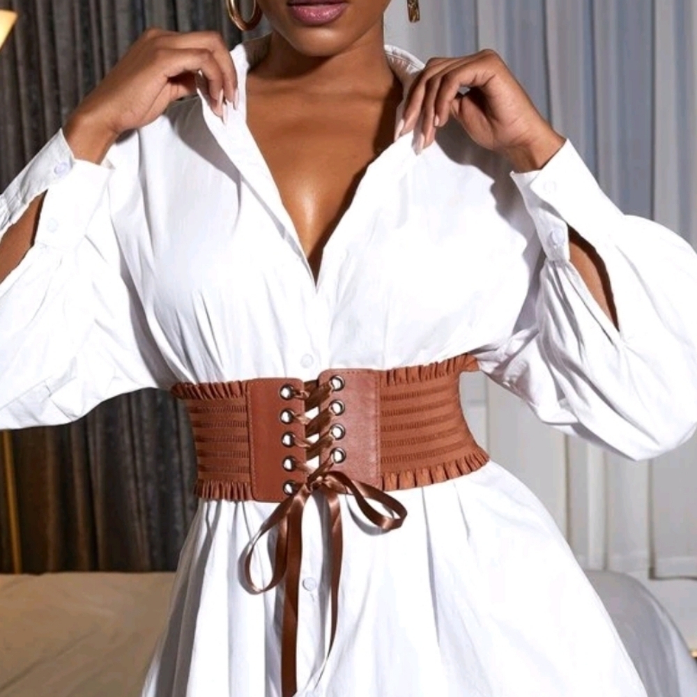 Faux Leather Brown Stretch Corset Wide Waist Belt S/M Lace Up Boho Dress Belt